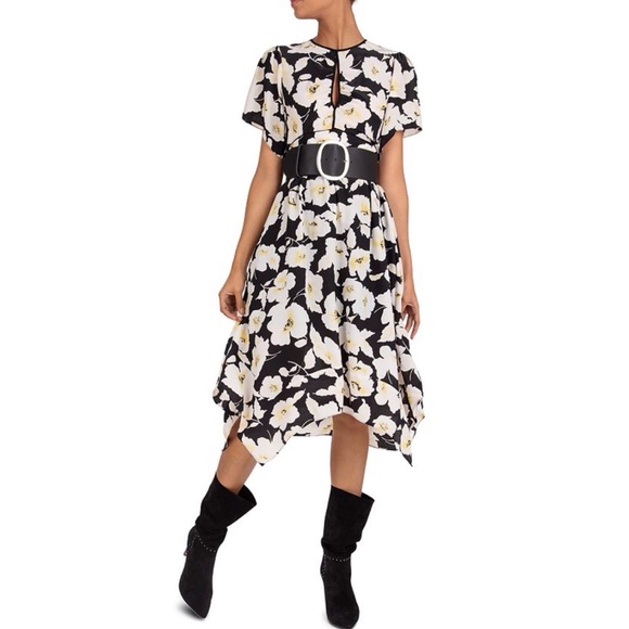 BA&SH black white yellow Robe Fairy floral print midi dress - Picture 6 of 13